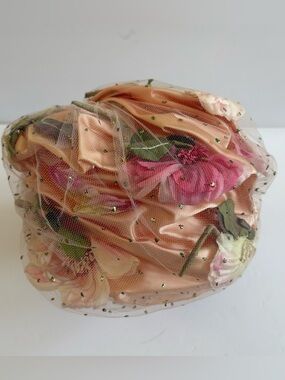 Vintage Christian Dior Chapeaux Floral Union Made Peach Pink Hat Satin Net
